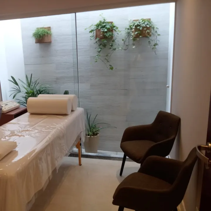 Sala de fisioterapia dermato-funcional com maca, poltronas e jardim de inverno